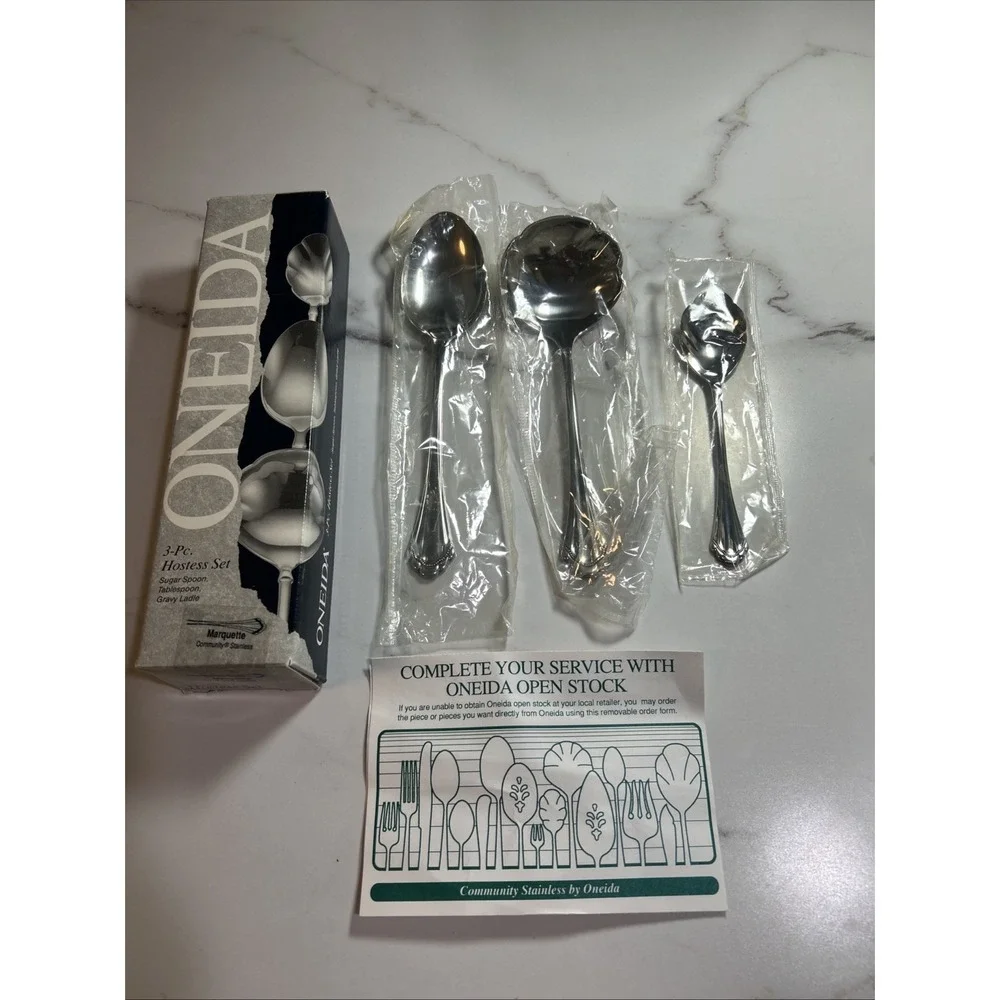 Marquette 3 Pc Stainless Hostess Set sugar tablespoon gravy Serving Spoon NEW